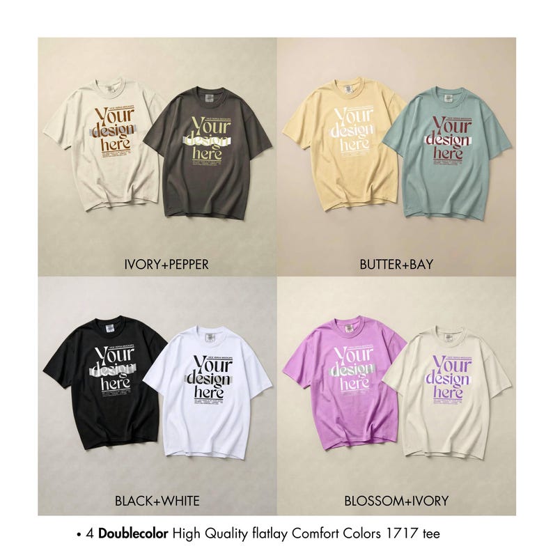 May include: A collection of short-sleeved t-shirts in various colors, including ivory, pepper, butter, bay, black, white, blossom, and ivory. Each shirt features the text "Your design here" in a contrasting color.