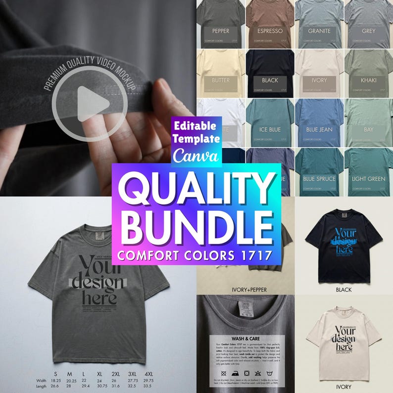 Comfort Colors 1717 Quality Bundle Editable 50+ Color Chart, Mockup video, Basecolor Springcolor flatlay, Size Chart template, HQ mockups image 1