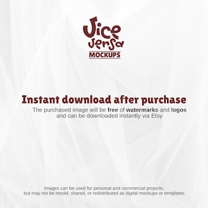 May include: A digital mockup image with the text "Jice Jersa MOCKUPS" in a dark red font. The text "Instant download after purchase" is also displayed, along with a description of the product and usage rights.