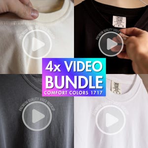 Könnte beinhalten: Ein Bündel aus vier T-Shirts in Weiß, Schwarz, Dunkelgrau und Hellgrau, jeweils mit einem Comfort Colors 1717 Etikett. Das Bild enthält einen zentralen Textüberlagerung mit 4x VIDEO BUNDLE COMFORT COLORS 1717 und Wiedergabe-Symbolen.