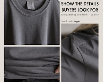 Close-up detail of Comfort Colors 1717 Pepper Real photo of fabric texture, neckline, stitching, reinforced seams, No AI, perfect convertion