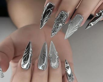 Handmade Silver Chrome 3D Gothic Press On Nails