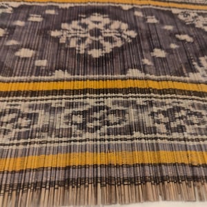 Può includere: Primo piano di un tessuto tessuto con un motivo complesso. Il design presenta uno sfondo blu scuro con accenti bianchi e gialli. Il tessuto ha un bordo sfrangiato e un motivo geometrico ripetitivo.