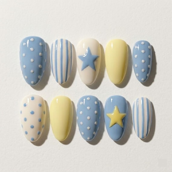 Italian Summer Press on Nails, Europe Nails, Butter Yellow Blue Nails, Stars and Stripes Nails, Trendy Gel Nails, Fake Nails
