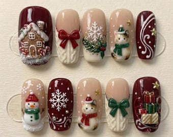 3D Gingerbread House Calico Cat Christmas Press On Nails, Short Square Snowman Cable Knit Sweater Bow Holly Fake Nails, Cute Xmas Gel Nails