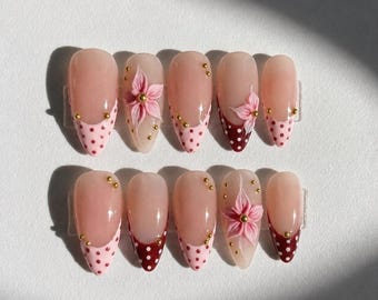 Polka Dots Gel Nails, Pink French Tip Press on Nails, 3D Flower Nails, Burgundy Red Fake Nails, Cute Coquette Summer Nails, Classy Almond