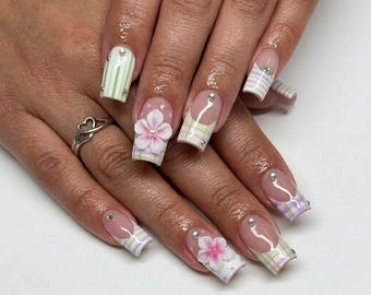 Pastel Plaid Press on Nails, 3D Camellia Nail Art, Striped French Tip Gel Set, Square Nails, Spring Chic Manicure
