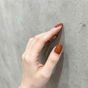 May include: A hand with almond-shaped fingernails painted in a glossy, solid burnt orange or terracotta color. The nails have a smooth, reflective finish, and the fingers are positioned against a neutral, textured gray surface.