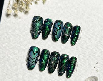 Groene Cat Eye pers op nagels, 3D-chroomnagels, cyberpunk Y2K, smaragdgroene gelnagels, handgemaakte luxe nagels, donkere esthetiek, aangepast nagelcadeau