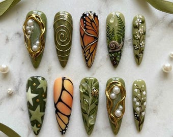 Fairycore Press on Nails, Sage Green Butterfly Fake Nails, Cute Snail 3D Gel Nails, Whimsical Forest Almond Nails, Custom Luxury Pearl Nails