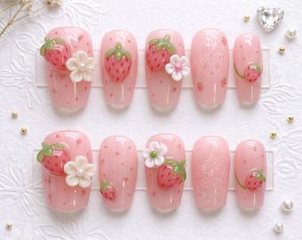 Różowe, truskawkowe, prasowane paznokcie | Trójwymiarowa sztuka owoców i kwiatów | Urocze, galaretkowe, różowe paznokcie | Kawaii Coquette Aesthetic | Wielokrotnego użytku, spersonalizowane sztuczne paznokcie