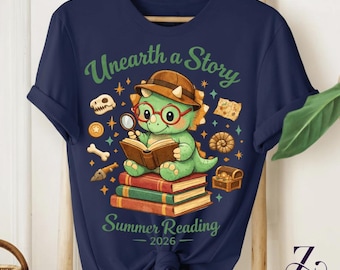 Funny Dinosaur Reading Shirt Unearth a Story Triceratops Dinosaur Reading Books Cute Dino T-Shirt, Dino Book Lover Gift Graphic Tee
