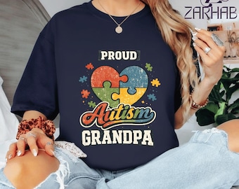 Autism Grandpa Shirt Women's Proud Autism Grandpa Autism Awareness Day Heart Puzzles V-Neck T-Shirt, Autism Support Gift, Puzzle Graphic Tee