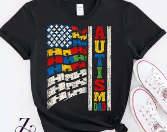 Autism Dad Shirt Autism Dad Father Autism Awareness Puzzle Pieces USA Flag T-Shirt, Autism Support Gift, Puzzle Piece Graphic Tee