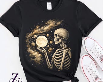 Gothic Skeleton Shirt Moonlight Skeleton Holding Full Moon Gothic Aesthetic Art T-Shirt, Dark Art Lover Gift, Gothic Style Graphic Tee