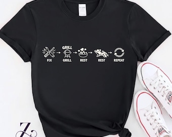Funny Dad BBQ Shirt Fix Grill Rest Repeat T-Shirt, Mens Grilling Lover Gift Graphic Tee
