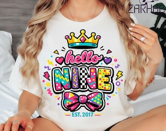 Cute 9th Birthday Girl Shirt Hello Nine Est 2017 Bow Design T-Shirt, 9 Year Old Birthday Gift, Nine Years Old Girl Graphic Tee
