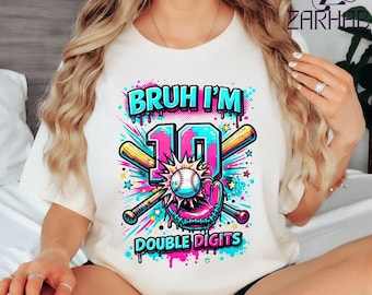 Funny 10 Year Old Baseball Shirt, Baseball Ice Cream Drip Double Digits T-Shirt, 10th Birthday Baseball Kid Gift Graphic Tee