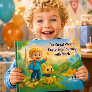 Può includere: Un bambino sorridente tiene in mano un libro per bambini intitolato "The Great World Exploring Journey with Mark". La copertina del libro presenta un bambino, un cane e illustrazioni di monumenti.