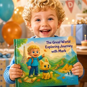 May include: A smiling child holds a colorful children's book titled "The Great World Exploring Journey with Mark." The book cover features an illustration of a boy, a dog, and various landmarks.