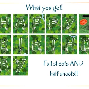 May include: A birthday-themed graphic with the words "HAPPY BIRTHDAY" spelled out in green, tree-filled letters. The image includes a disc golf basket and disc. Text at the bottom reads "Full sheets AND half sheets!!"