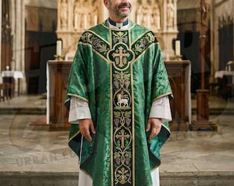 Agnus Dei Chasuble, Green Liturgical Vestment, Catholic Priest Mass Apparel, Lamb Of God Embroidery
