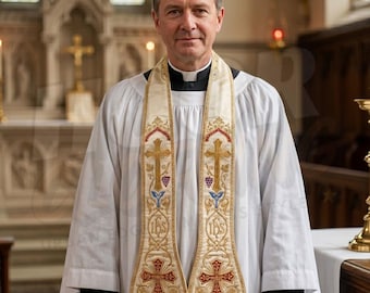 Estola blanca de sacerdote – Cruz bordada en oro, diseño IHS, ribete de flecos para vestimenta clerical - Atuendo de iglesia católica