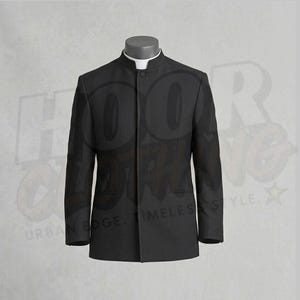 May include: A black suit jacket with a mandarin collar and a white undershirt. The jacket has a button closure and two front pockets. The jacket is displayed on a mannequin.
