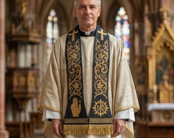 Black Clergy Stole with Gold Embroidery – Christian Priest Vestment, Liturgical Church Stole