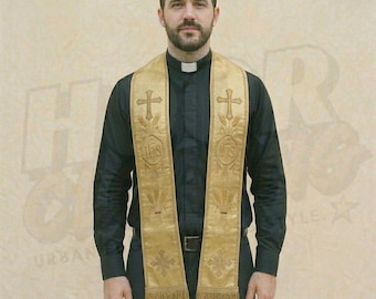 Mustard Gold Priest Vestment, Catholic Clergy Stole, Eucharist Embroidery, Deacon Gift