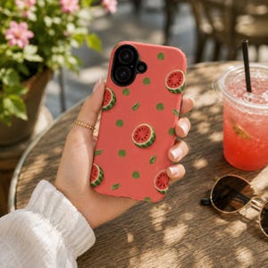 Peut inclure: Une coque de smartphone couleur corail ornée d'un motif répétitif de petites tranches de pastèque et de pois verts. La coque présente une découpe pour un système de double objectif photo dans le coin supérieur gauche et une finition mate.