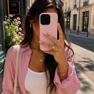 Pink Gingham Phone Case, Coquette iPhone Case, Cute Checkered Samsung Galaxy Case, Cottagecore Pastel Plaid Cover, Minimalist Gift