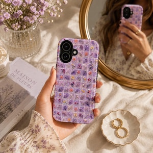 Purple Pressed Flower Mosaic Phone Case, Lavender Glass Tile Botanical Cover for iPhone 17 16 15 14 13 Samsung S25 S24 S23
