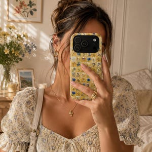 Pressed Flower Mosaic Phone Case, Yellow Glass effect Tile Botanical Cover for iPhone 17 16 15 14 13 Samsung S25 S24 S23 Floral Case