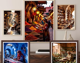 Può includere: Una collezione di stampe artistiche incorniciate raffiguranti scene di un vivace mercato. Le stampe presentano colori vivaci, tra cui spezie, tessuti e architettura tradizionale. L'opera cattura l'essenza di un mercato culturale.