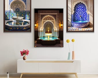 Moroccan Fountain Wall Art Set of 3  | Zellige Print Set | Andalusian Arch Decor |
