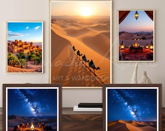Sahara Desert Art Set of 5 | Moroccan Camel, Oasis Prints | Boho Desert Wall Decor