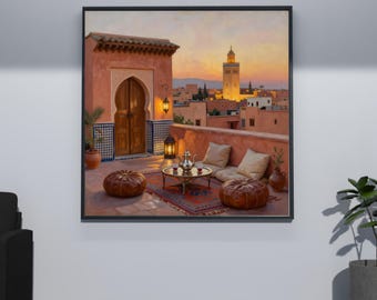 Marrakech Rooftop Sunset Wall Art | Moroccan Terrace Painting | Warm Boho Home Decor | Digital Download