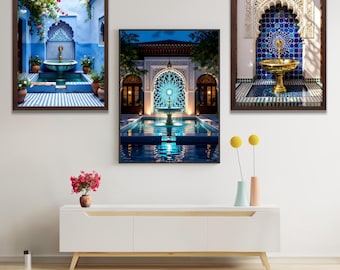 Luxury Moroccan Fountain Wall Art Set of 3 – Blue Mosaic Riad – Home Decor
