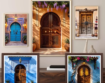 Moroccan Blue Door Mosaic Wall Art Set of 5 – Mediterranean Archway Print