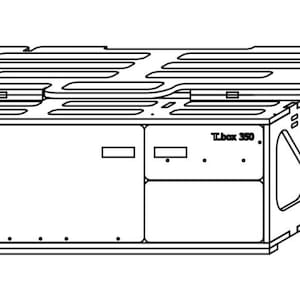 May include: A black and white line drawing of a rectangular storage box with a lid. The box has a series of rectangular openings on the top and sides. The text "T.box 350" is visible on the side of the box.
