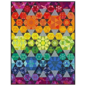 May include: A rainbow quilt featuring a geometric design of stars and triangles. The quilt is crafted from a variety of fabrics in shades of red, orange, yellow, green, blue, indigo, and violet.