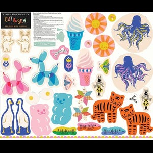 May include: A Ruby Star Society Cut & Sew fabric panel featuring various printed illustrations including blue and pink octopuses, orange tigers, blue and pink gummy bears, ice cream cones, balloon animals, ducks, suns, and moths on a white background.