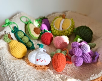 Crocheted Fruit Vegetable Keychain, Amigurumi Bag Charm, Cottagecore Car Mirror Accessory