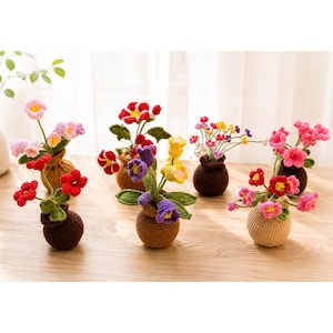 May include: Six small, round, crocheted pots in various shades of brown, each containing a unique arrangement of colourful, handcrafted crocheted flowers. The flowers feature petals in vibrant hues of red, pink, yellow, purple, and white with green leaves.