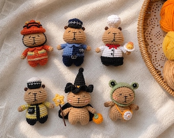 Crocheted Capybara Keychain, Amigurumi Doll in Police, Chef, Magician Costume, Bag Charm