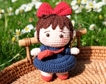 Crocheted Witch Girl Doll Charm, Ghibli Inspired Kiki Keychain, Anime Cottagecore Bag Accessory