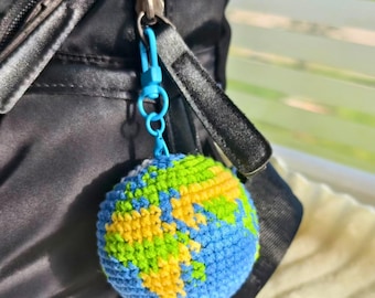 Crocheted Earth Globe Bag Charm Keychain, World Map Footbag (Pellet Fill Option)