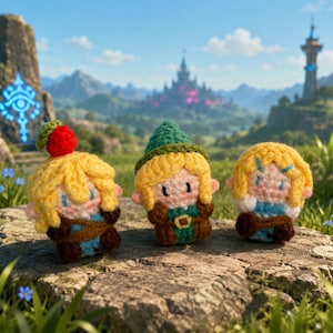 Crochet Fantasy Hero Keychain, Green Tunic Adventurer Amigurumi Plush, Video Game Fan Bag Charm