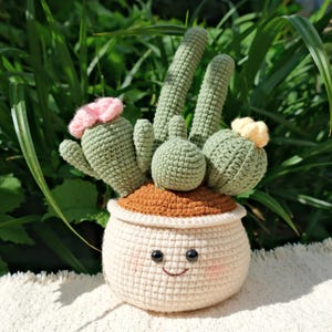 Op de afbeelding: Een gehaakte cactusopstelling in een crèmekleurige pot met een lachend gezicht. De cactussen zijn in verschillende groentinten, met roze en gele bloemaccenten. De pot heeft een bruine grondlaag, tegen een achtergrond van groen.